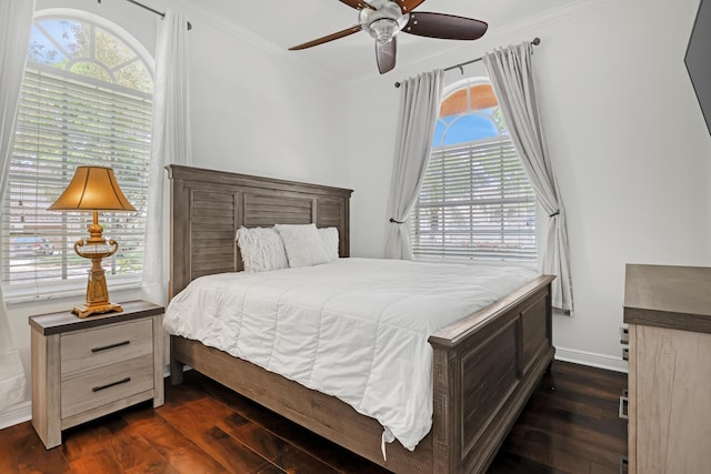1741 Annandale Cir, Royal Palm Beach, FL 33411 - bedroom featuring crown molding, dark wood-style floors, baseboards, and ceiling fan