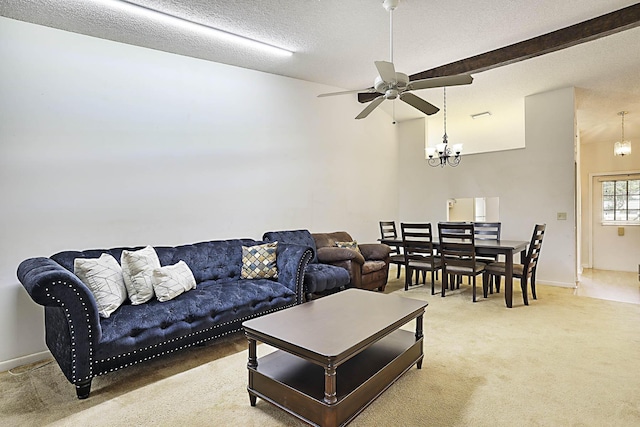1017 Green Pine Blvd E, West Palm Beach, FL 33409 - living room featuring a chandelier, a ceiling fan, light colored carpet, a textured ceiling, and baseboards