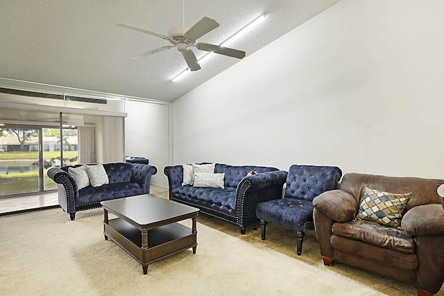 1017 Green Pine Blvd E, West Palm Beach, FL 33409 - living room featuring light colored carpet, a textured ceiling, lofted ceiling, and ceiling fan