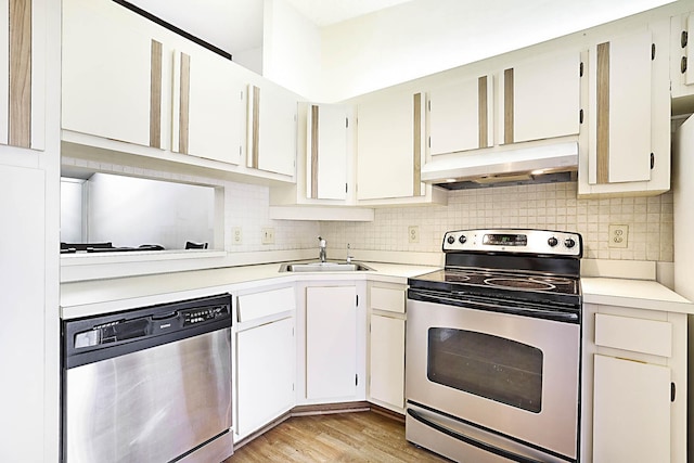 1017 Green Pine Blvd E, West Palm Beach, FL 33409 - kitchen featuring appliances with stainless steel finishes, under cabinet range hood, a sink, and light countertops