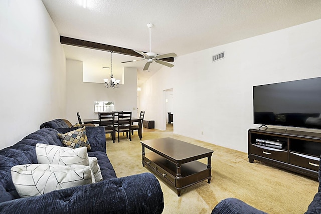 1017 Green Pine Blvd E, West Palm Beach, FL 33409 - living area with light carpet, a chandelier, a ceiling fan, and lofted ceiling