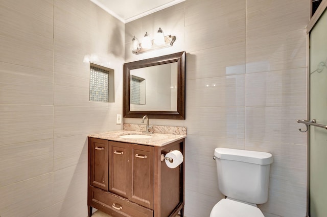 3854 Van Cott Cir, West Palm Beach, FL 33403 - bathroom featuring tile walls, toilet, vanity, and crown molding