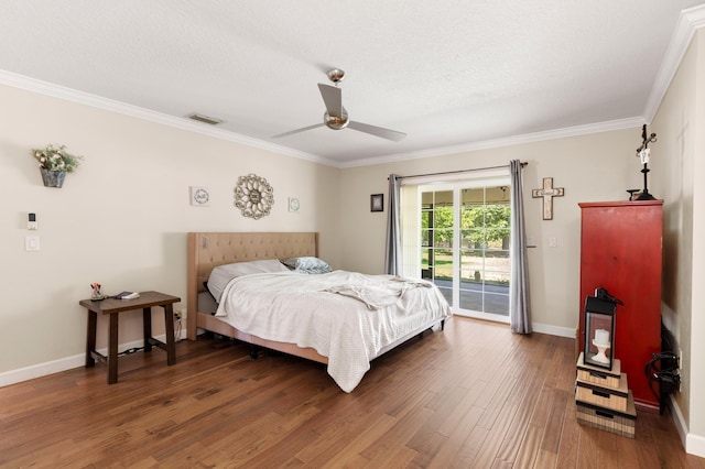 11447 Orange Grove Blvd, West Palm Beach, FL 33411 - bedroom with access to exterior, ornamental molding, wood finished floors, baseboards, and ceiling fan