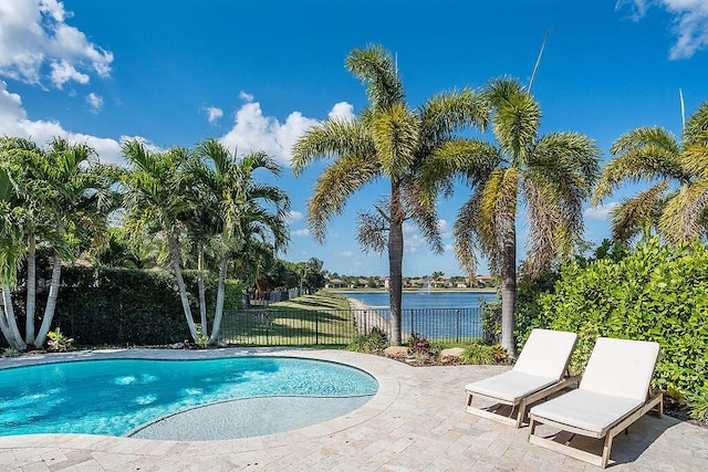 7267 Prudencia Dr, Lake Worth, FL 33463 - view of pool with fence, a water view, and a patio area