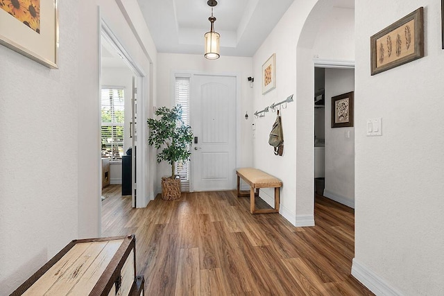7267 Prudencia Dr, Lake Worth, FL 33463 - foyer featuring arched walkways, wood finished floors, a raised ceiling, and baseboards