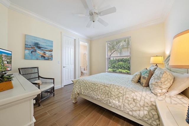 bedroom featuring wood finished floors, crown molding, baseboards, and ceiling fan