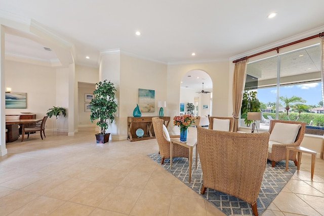 dining area with recessed lighting, ornamental molding, ceiling fan, light tile patterned floors, and baseboards