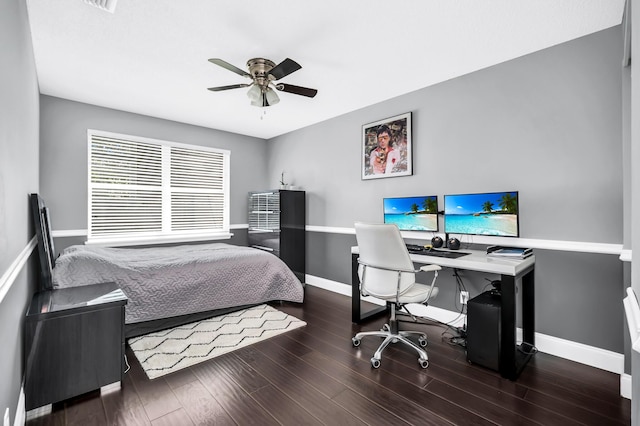 bedroom with a desk, baseboards, wood finished floors, and ceiling fan