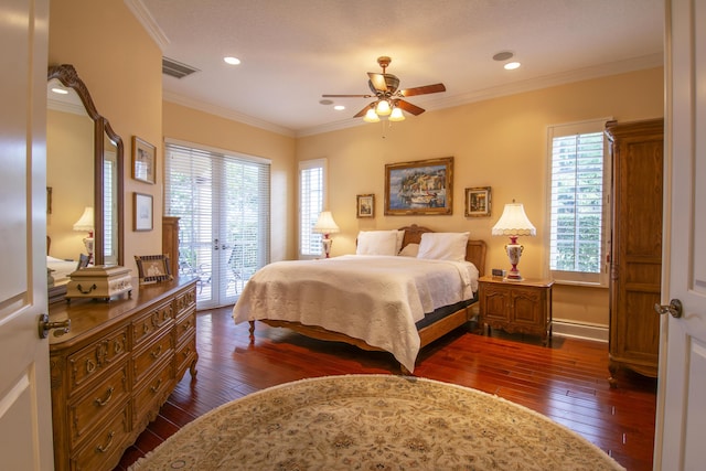 143 SE Bella Strano, Port Saint Lucie, FL 34984 - bedroom featuring dark wood-style flooring, access to exterior, multiple windows, crown molding, and recessed lighting