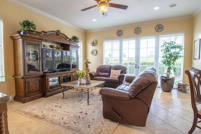 143 SE Bella Strano, Port Saint Lucie, FL 34984 - living room featuring a ceiling fan, plenty of natural light, crown molding, recessed lighting, and light tile patterned floors