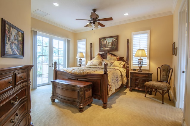 143 SE Bella Strano, Port Saint Lucie, FL 34984 - bedroom with light colored carpet, access to exterior, crown molding, a ceiling fan, and recessed lighting