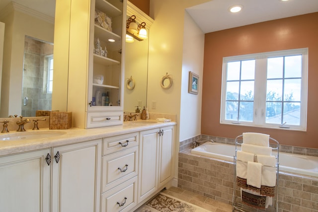 143 SE Bella Strano, Port Saint Lucie, FL 34984 - bathroom with double vanity, a bath, recessed lighting, and tiled shower