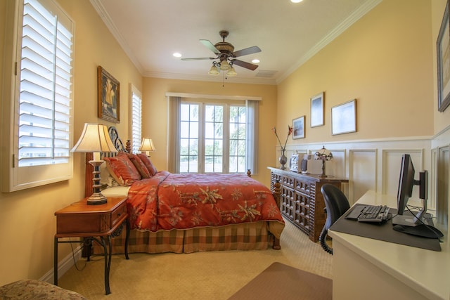 143 SE Bella Strano, Port Saint Lucie, FL 34984 - carpeted bedroom with crown molding, an office area, a wainscoted wall, recessed lighting, and ceiling fan
