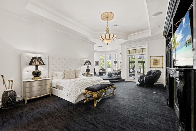 carpeted bedroom with a raised ceiling, ornamental molding, baseboards, french doors, and access to exterior