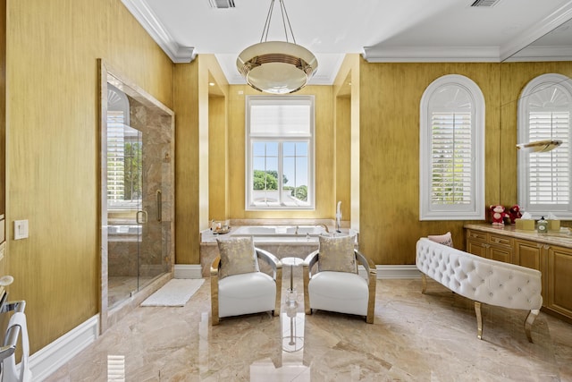 full bath featuring crown molding, a shower stall, marble tiled floors, a garden tub, and vanity