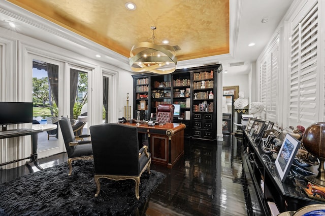 home office featuring a raised ceiling, recessed lighting, a chandelier, and wood-type flooring