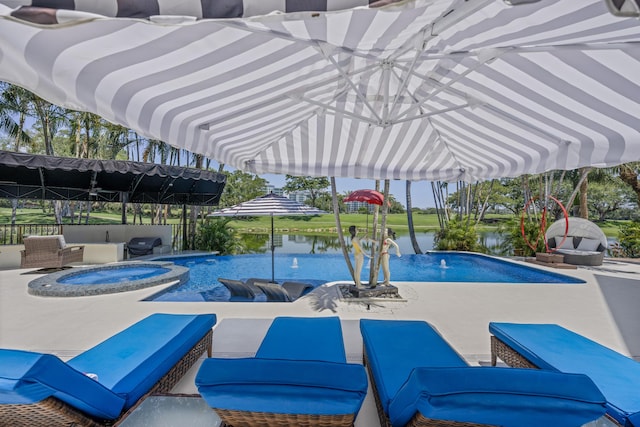 swimming pool featuring a gazebo, an outdoor hangout area, an in-ground hot tub, a patio, and grilling area