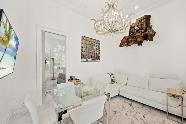 dining room featuring marble tiled flooring, crown molding, a chandelier, baseboards, and recessed lighting