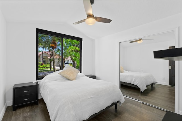 1010 Delray Lakes Dr, Delray Beach, FL 33444 - bedroom featuring wood finished floors, lofted ceiling, ceiling fan, baseboards, and a closet