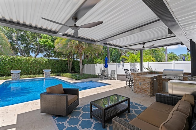 1010 Delray Lakes Dr, Delray Beach, FL 33444 - view of pool featuring a fenced backyard, a ceiling fan, and an outdoor living space