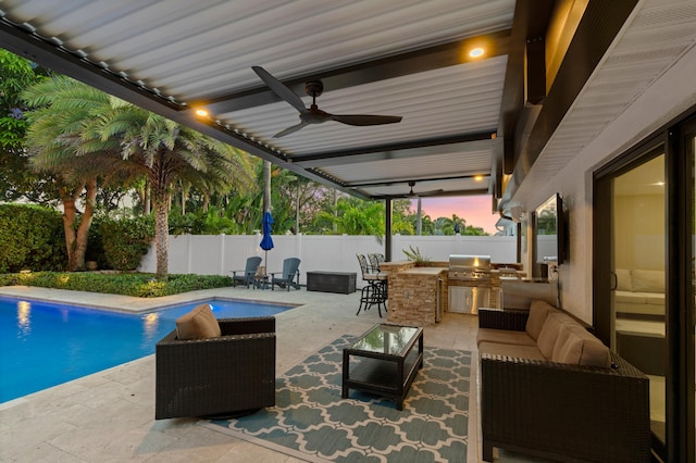 1010 Delray Lakes Dr, Delray Beach, FL 33444 - view of pool with a fenced backyard, outdoor lounge area, a patio area, and a ceiling fan