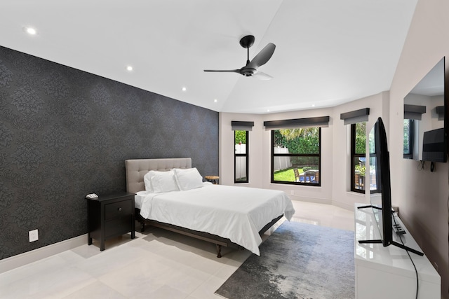 1010 Delray Lakes Dr, Delray Beach, FL 33444 - bedroom featuring wallpapered walls, recessed lighting, baseboards, and ceiling fan
