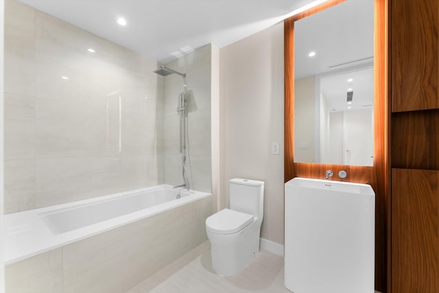 220 SE Mizner Blvd Unit 609, Boca Raton, FL 33432 - full bath featuring toilet, shower / washtub combination, vanity, tile patterned flooring, and recessed lighting