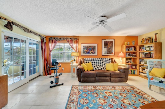 9152 Affirmed Ln, Boca Raton, FL 33496 - living room with a textured ceiling, a ceiling fan, and light tile patterned floors