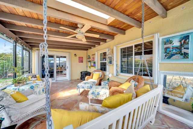 9152 Affirmed Ln, Boca Raton, FL 33496 - sunroom with beamed ceiling and ceiling fan
