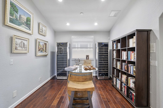 12341 NW 78th Mnr, Parkland, FL 33076 - office area with wine cooler, baseboards, dark wood-style floors, and recessed lighting