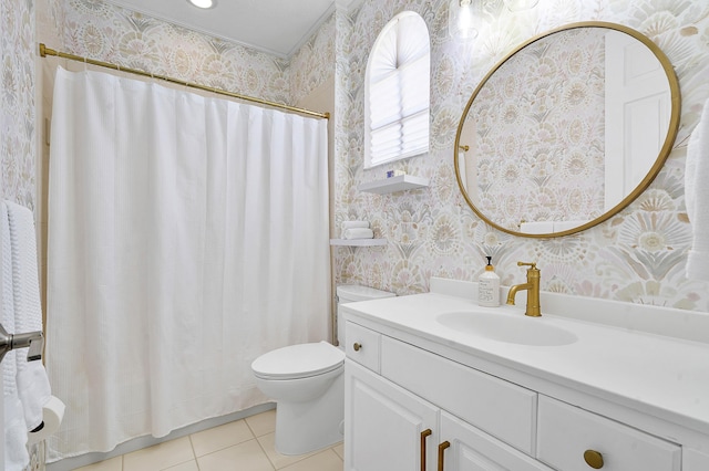 12341 NW 78th Mnr, Parkland, FL 33076 - bathroom featuring wallpapered walls, tile patterned flooring, toilet, vanity, and curtained shower