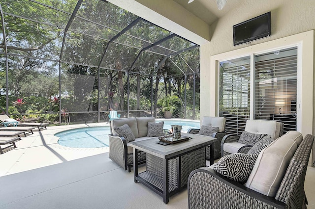 12341 NW 78th Mnr, Parkland, FL 33076 - view of patio featuring outdoor lounge area, an outdoor pool, glass enclosure, and ceiling fan