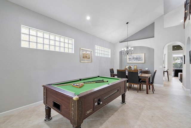 12341 NW 78th Mnr, Parkland, FL 33076 - game room featuring arched walkways, lofted ceiling, a chandelier, billiards, and light tile patterned floors