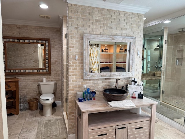 14324 Paddock Dr, Wellington, FL 33414 - bathroom with ornamental molding, stone tile floors, a shower stall, recessed lighting, and vanity