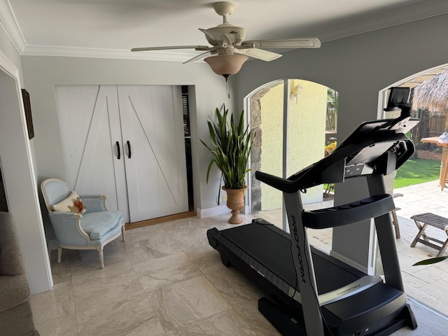 14324 Paddock Dr, Wellington, FL 33414 - workout room with crown molding, ceiling fan, and healthy amount of natural light