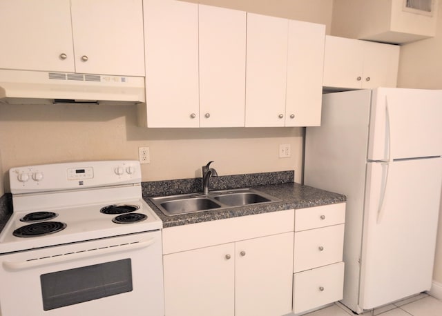 4061 N Dixie Hwy Unit 3, Oakland Park, FL 33334 - kitchen featuring white appliances, under cabinet range hood, a sink, dark countertops, and white cabinetry