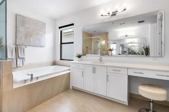 8294 Fishhawk Falls Ct, Boca Raton, FL 33496 - bathroom featuring a stall shower, a bath, vanity, and tile patterned flooring