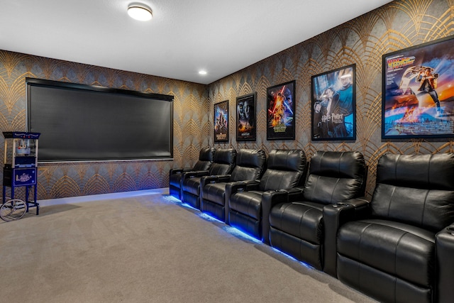 8294 Fishhawk Falls Ct, Boca Raton, FL 33496 - home theater with wallpapered walls, carpet, and recessed lighting