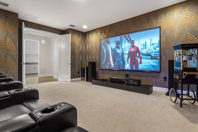 8294 Fishhawk Falls Ct, Boca Raton, FL 33496 - home theater with wallpapered walls, baseboards, carpet, and recessed lighting