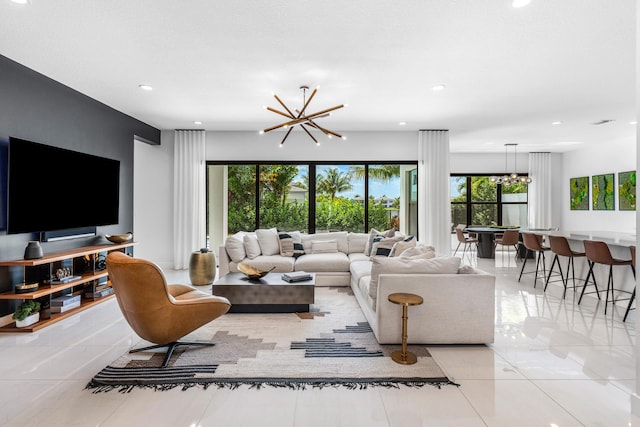 8294 Fishhawk Falls Ct, Boca Raton, FL 33496 - living room featuring a chandelier, recessed lighting, and light tile patterned flooring