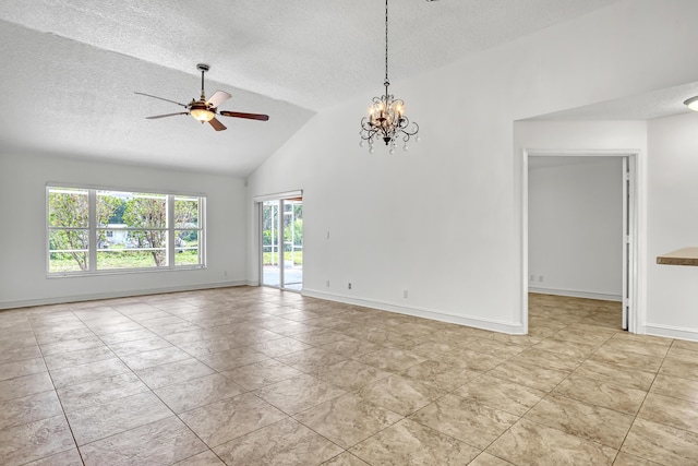 3035 Casa Rio Ct, Riviera Beach, FL 33418 - spare room with a textured ceiling, a ceiling fan, a chandelier, light tile patterned floors, and baseboards