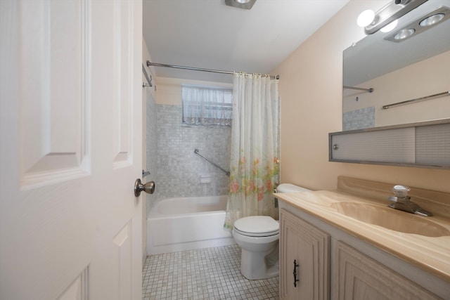 bathroom featuring toilet, shower / bath combination with curtain, vanity, and tile patterned floors