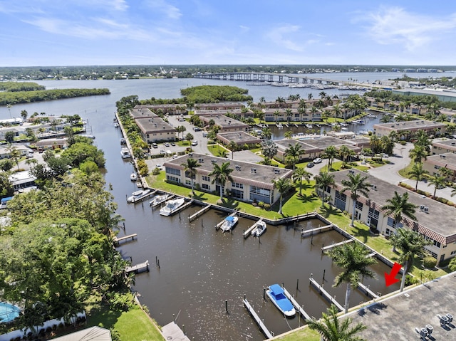 aerial view of a large body of water and a notable bridge