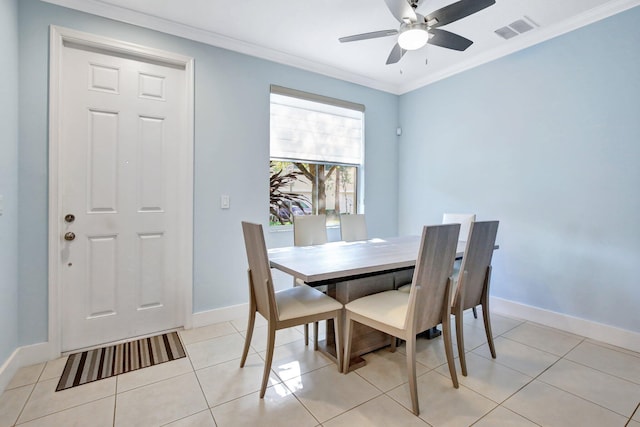 4128 Cascada Cir, Cooper City, FL 33024 - dining space with ornamental molding, baseboards, ceiling fan, and light tile patterned floors