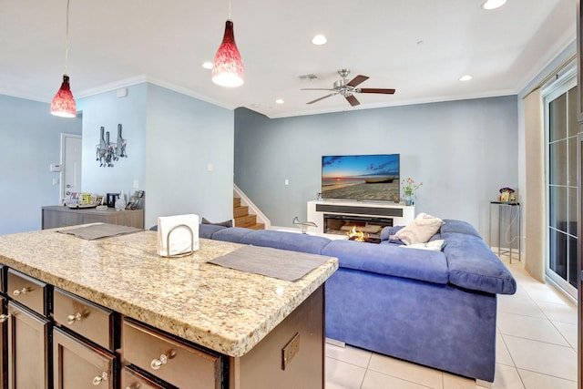 4128 Cascada Cir, Cooper City, FL 33024 - kitchen featuring crown molding, a ceiling fan, hanging light fixtures, recessed lighting, and light tile patterned flooring