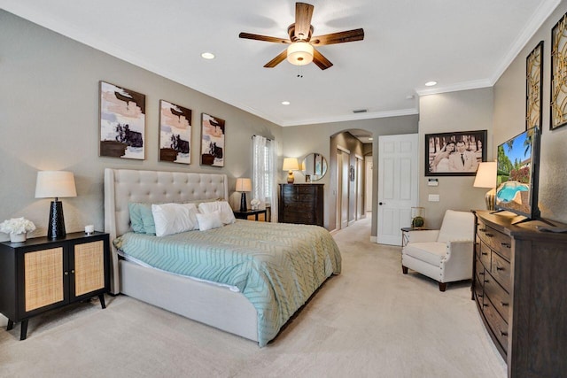 11354 Mainsail Ct, Wellington, FL 33449 - bedroom with arched walkways, light carpet, crown molding, recessed lighting, and ceiling fan