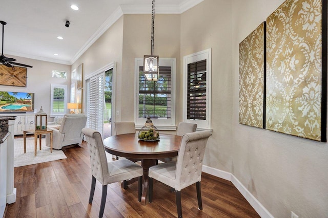 11354 Mainsail Ct, Wellington, FL 33449 - dining space featuring ornamental molding, dark wood finished floors, recessed lighting, baseboards, and a ceiling fan