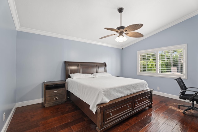 4620 SE Winter Haven Ct, Stuart, FL 34997 - bedroom with lofted ceiling, dark wood finished floors, baseboards, crown molding, and ceiling fan