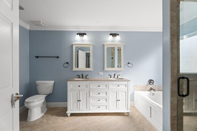 4620 SE Winter Haven Ct, Stuart, FL 34997 - bathroom with toilet, crown molding, a bath, tile patterned floors, and a shower stall