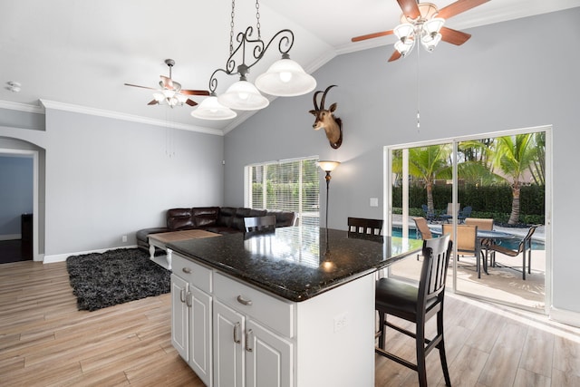 4620 SE Winter Haven Ct, Stuart, FL 34997 - kitchen featuring a ceiling fan, a kitchen island, light wood finished floors, crown molding, and a breakfast bar